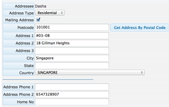 Screen showing address fields