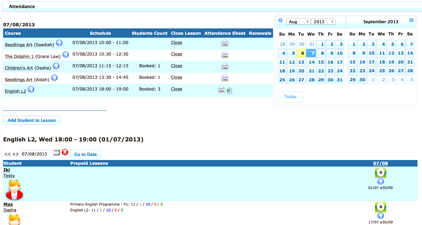 Daily attendance screen