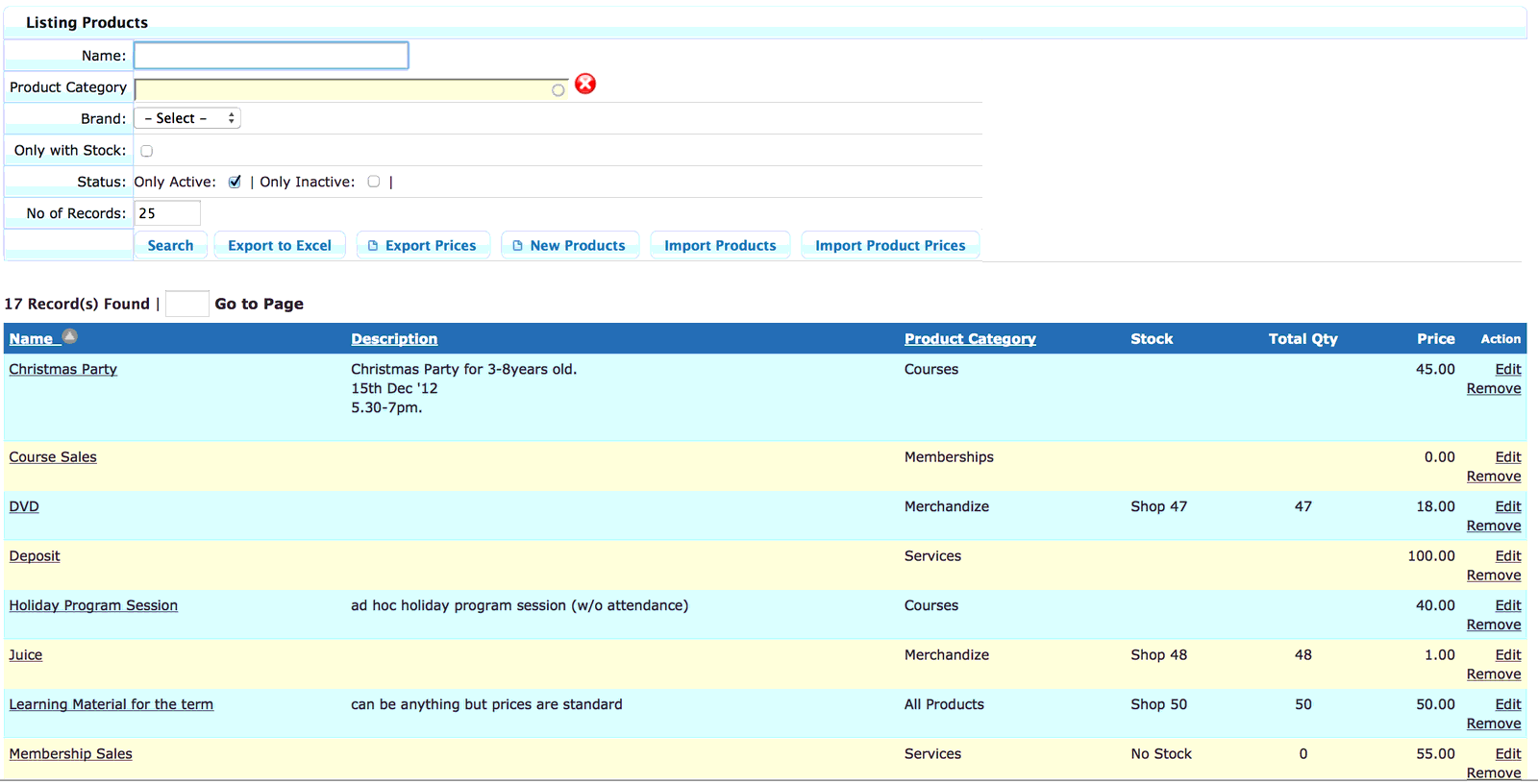 Products summary screen